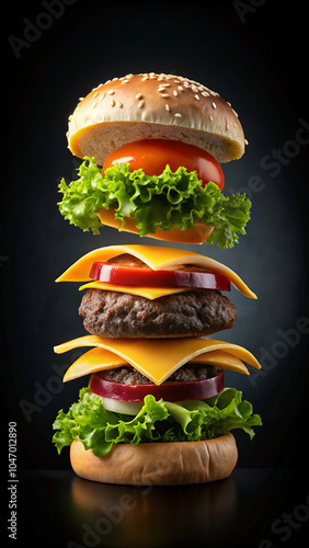 A large cheeseburger with layers flying up, you can see the patty, cheese, tomato, lettuce separately. Vertical illustration in photorealism style about fast food on black background photo