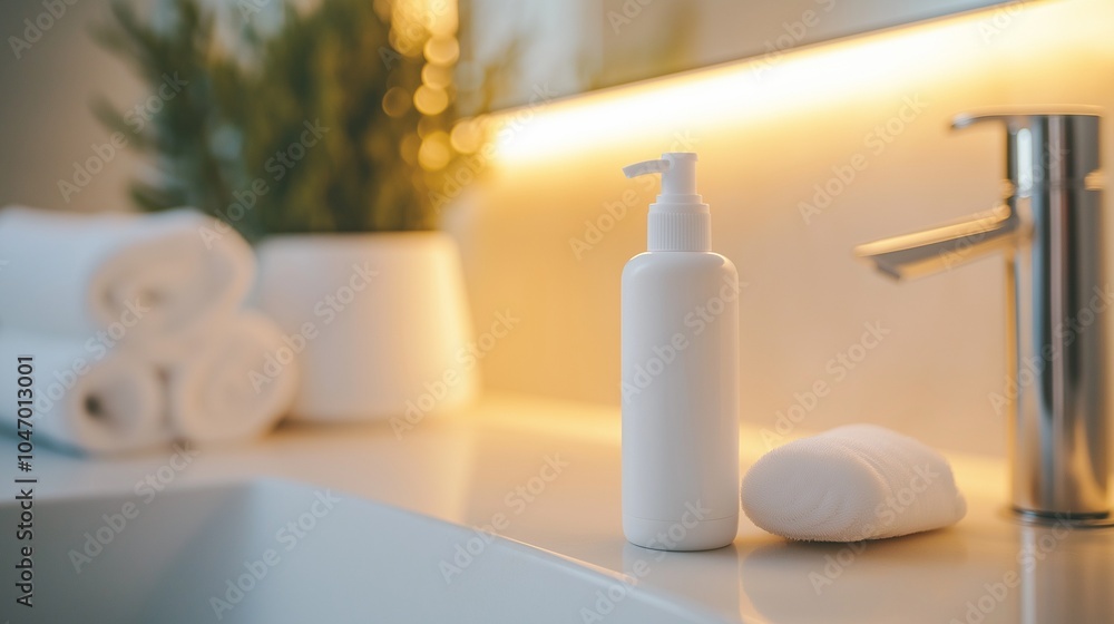 white bottle of cleansing foam on the edge of a bathroom sink white bottle of cleansing foam on the edge of a bathroom sink