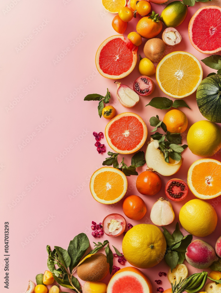 Fresh citrus fruits and pomegranates arranged vertically on a pastel background Fresh citrus fruits and pomegranates arranged vertically on a pastel background