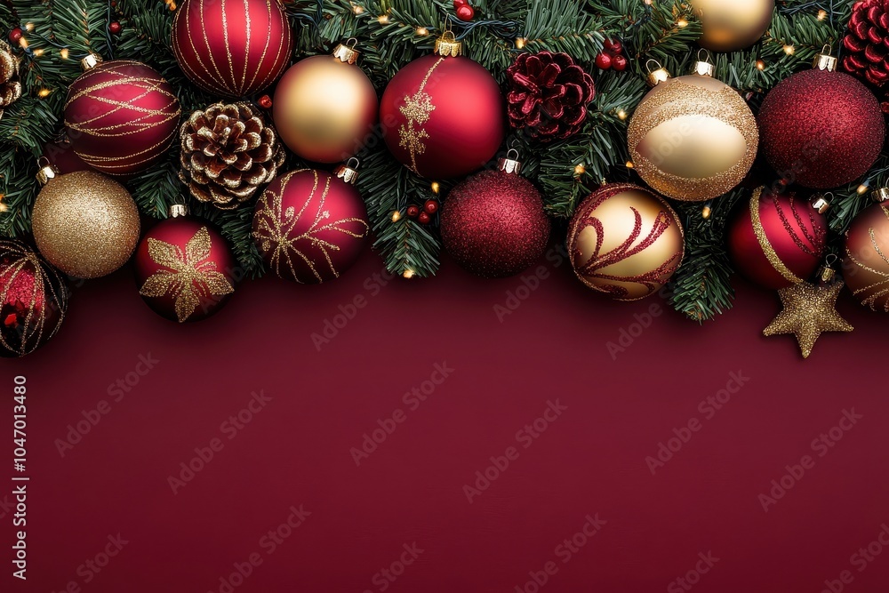 Festive Christmas Decorations with Red and Gold Ornaments and Pine Cones Festive Christmas Decorations with Red and Gold Ornaments and Pine Cones