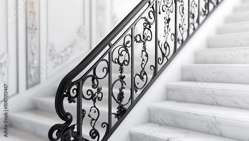 Elegant Marble Staircase with Intricate Black Iron Railing