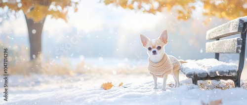 A small dog stands next to a bench in a snowy park, surrounded by autumn leaves and trees, creating a serene winter scene.