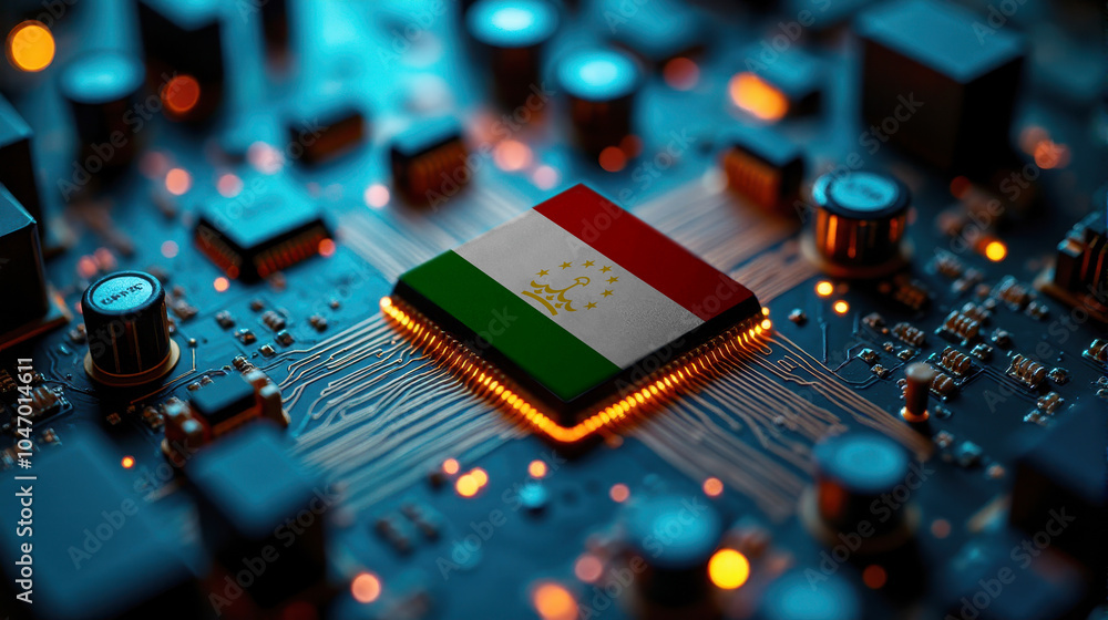 A Tajikistan branded chip rests on a circuit board, surrounded by glowing components, representing significant contribution to advanced computing technology and hardware. A Tajikistan branded chip rests on a circuit board, surrounded by glowing components, representing significant contribution to advanced computing technology and hardware.