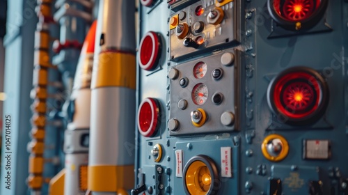Vintage control panel with buttons, dials, and gauges is illuminated by red and yellow lights, creating mystery and intrigue
