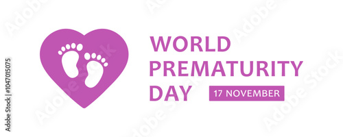 World Prematurity Day, vector web banner design. Text World Prematurity Day, november 17 and baby footprints in heart isolated on white background.