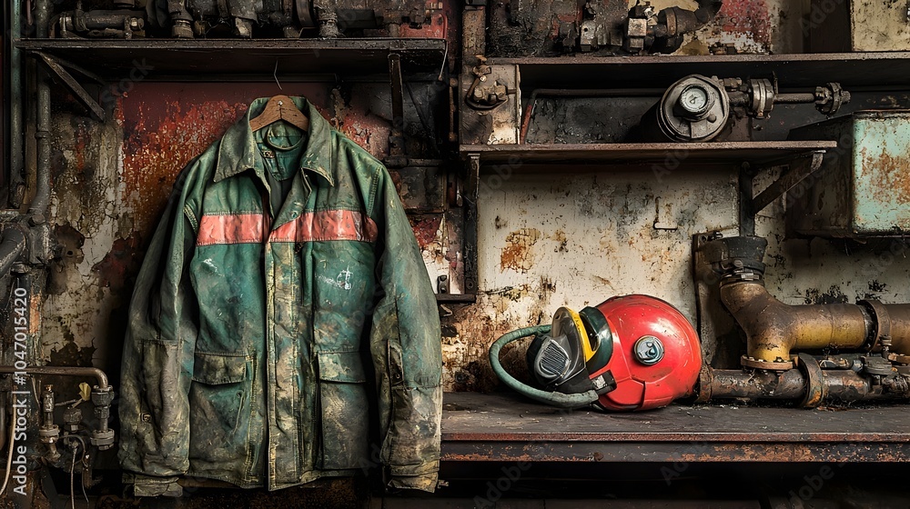 Fireproof protective suit and oxygen breathing apparatus laid on shelves in an industrial plant preparing for safety and emergency response in a hazardous work environment Fireproof protective suit and oxygen breathing apparatus laid on shelves in an industrial plant preparing for safety and emergency response in a hazardous work environment