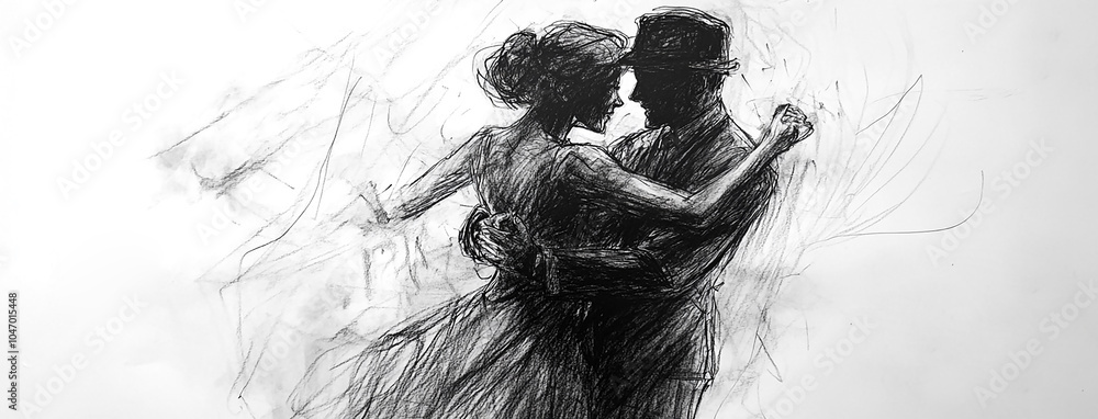 Fototapeta premium Black charcoal pencil drawing of a young active couple dancing in white background with live performance
