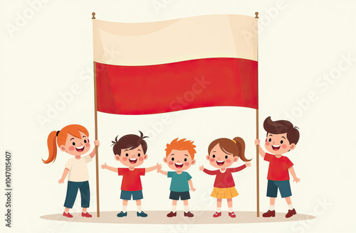 Happy children holding big flag of Poland. Polish Flag Day. Independence Day. Education for children in Poland concept.