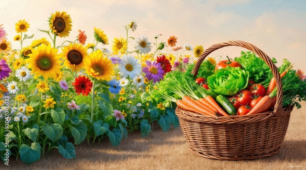 field of flowers in the background with a basket of vegetables in focus. field of flowers in the background with a basket of vegetables in focus.