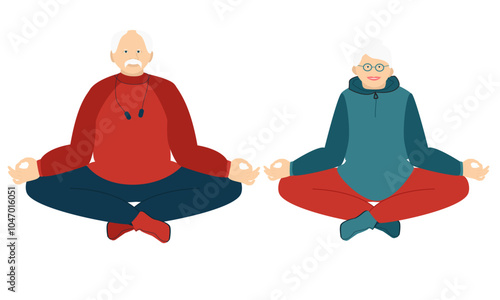 A couple of active seniors in sportswear doing yoga.