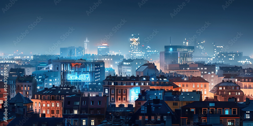 Fototapeta premium A striking photograph of a European city skyline at night, with buildings illuminated in warm white lights and accented by blue neon signs.