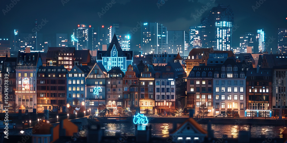 Fototapeta premium A striking photograph of a European city skyline at night, with buildings illuminated in warm white lights and accented by blue neon signs.