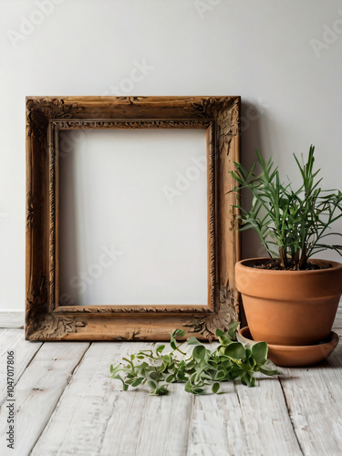 A blank wooden frame is beautifully adorned with flowers and green plants.
