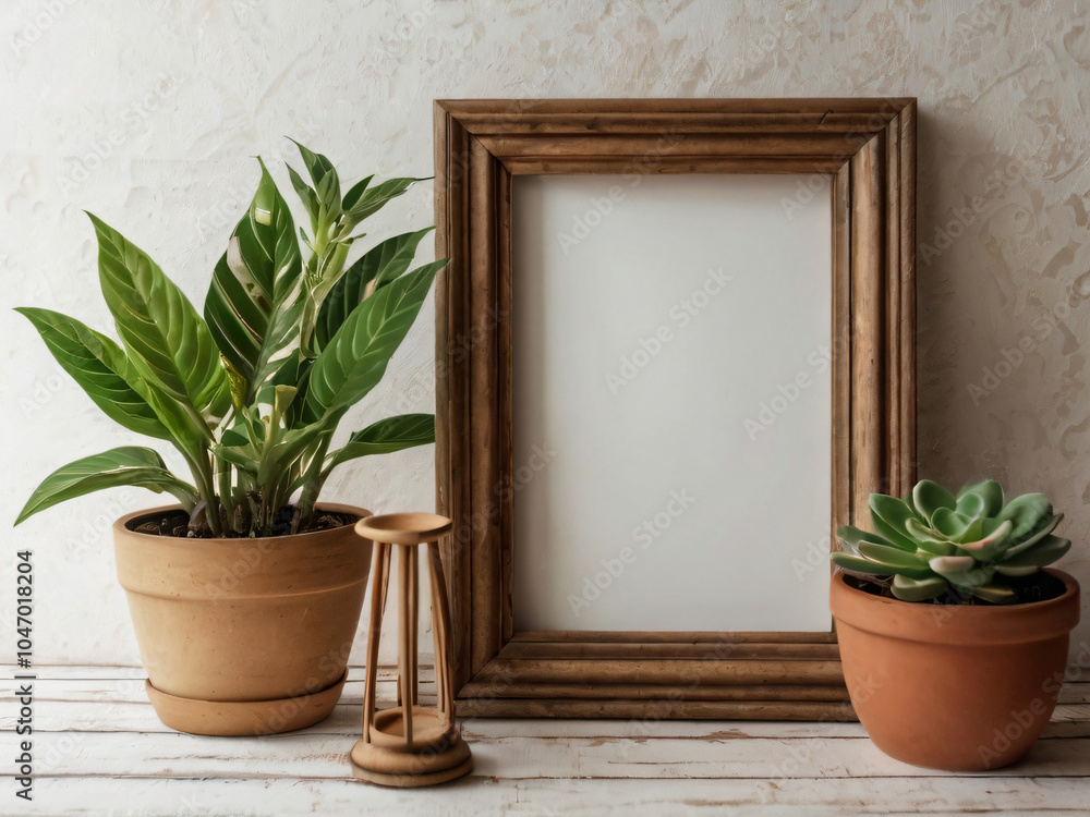 The blank wooden frame features flowers and green plants for decoration. The blank wooden frame features flowers and green plants for decoration.