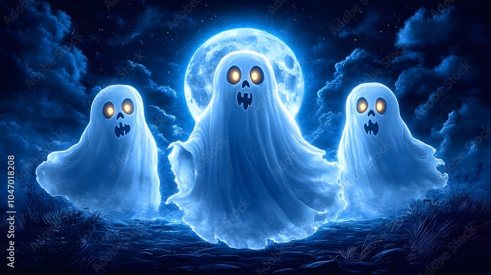 Ghosts swirling around a full moon with a backdrop of dark clouds creating an eerie atmosphere Ghosts swirling around a full moon with a backdrop of dark clouds creating an eerie atmosphere