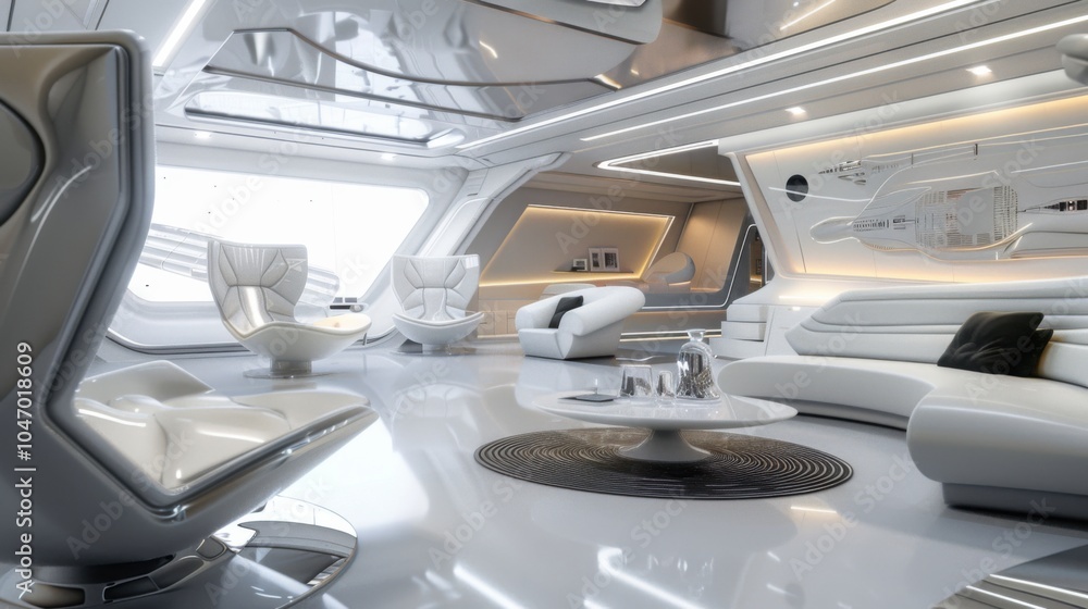 A futuristic sci-fi spaceship-inspired living space design with a white canvas backdrop, Featuring sleek metallic accents and high-tech furnishings, Sci-fi spaceship chic style A futuristic sci-fi spaceship-inspired living space design with a white canvas backdrop, Featuring sleek metallic accents and high-tech furnishings, Sci-fi spaceship chic style
