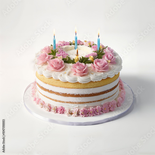 Naked Birthday Cake with Pink Flowers and Blue Candles.