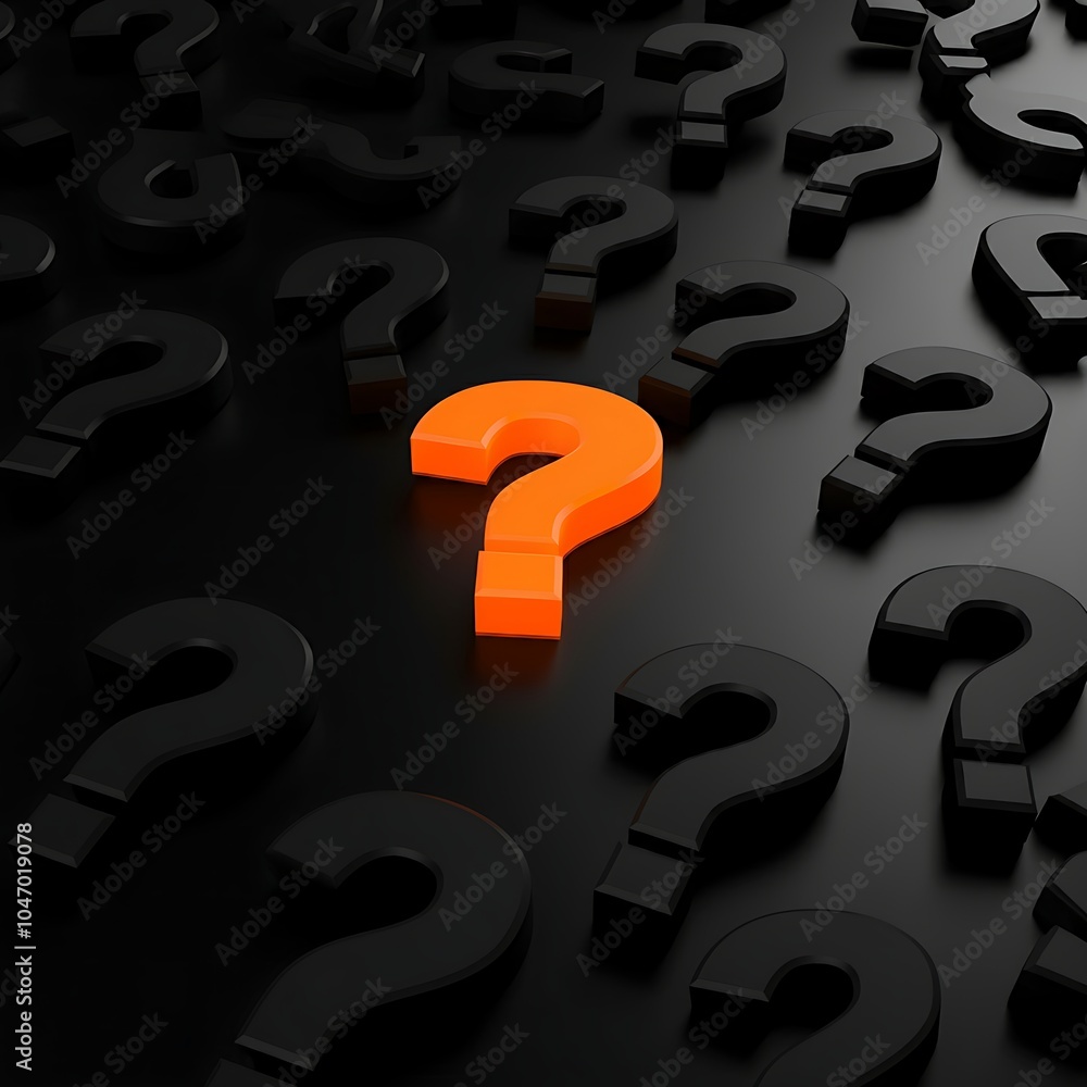 A black 3D-rendered background filled with scattered question marks of varying sizes, with a bright orange question mark in the center as the focal point. A black 3D-rendered background filled with scattered question marks of varying sizes, with a bright orange question mark in the center as the focal point.