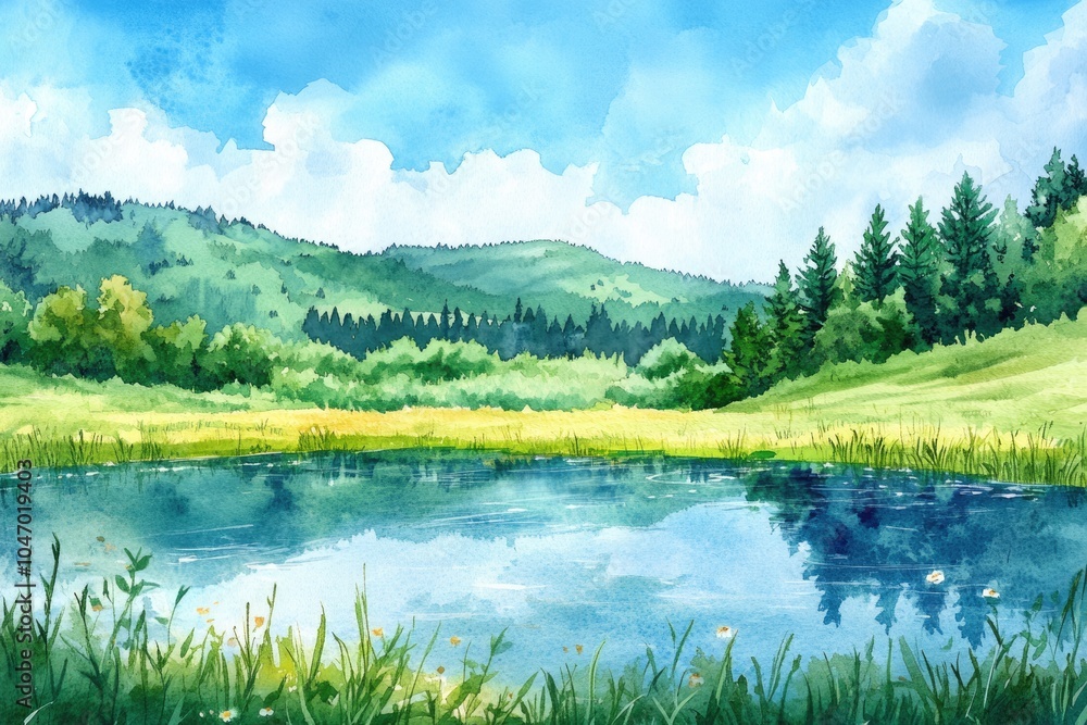 Obraz premium Watercolor Landscape of Lush Green Field by the Lake under Blue Sky