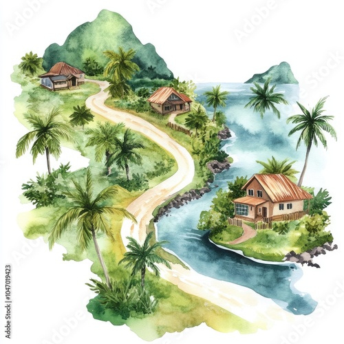 Wallpaper Mural Watercolor Map Creator for Travelers and Adventure Seekers. Hand-painted Illustration of Summer Landscape with Road, Ocean, and Palm Tree. Torontodigital.ca