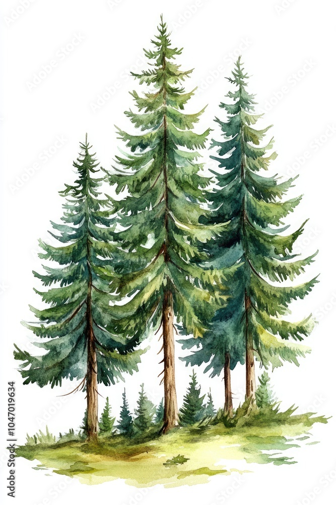Obraz premium Watercolor Pine Tree Art on White Background with Silhouettes of Forest Landscape