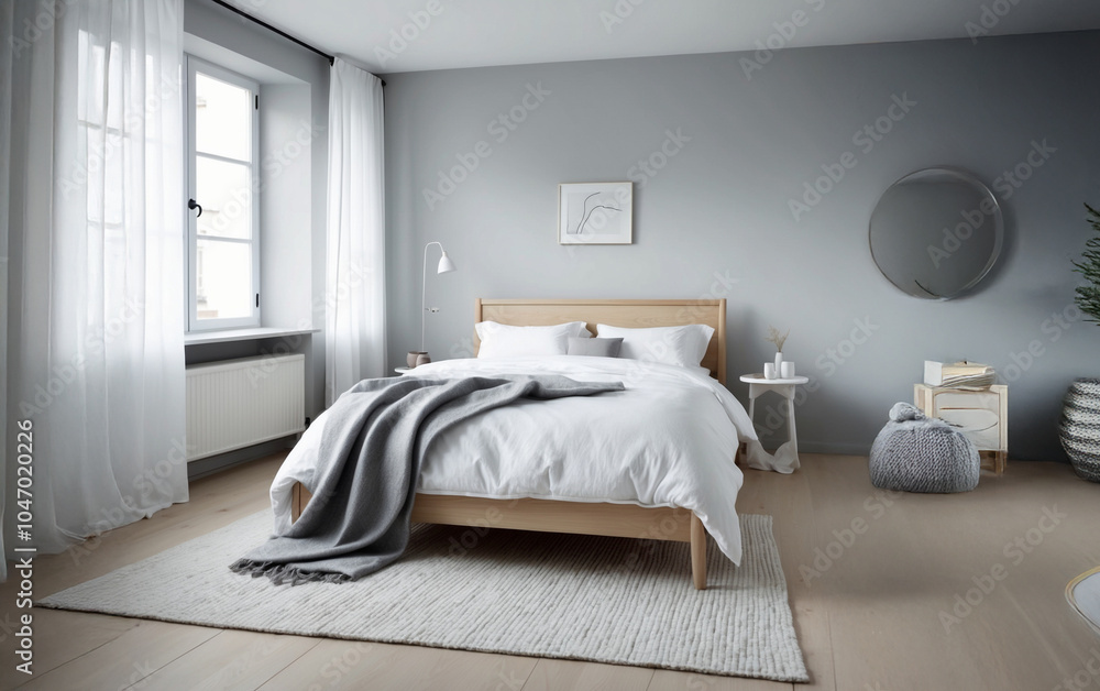 A minimalist Scandinavian bedroom featuring a light wood bed frame with white bedding, a soft gray wool throw A minimalist Scandinavian bedroom featuring a light wood bed frame with white bedding, a soft gray wool throw