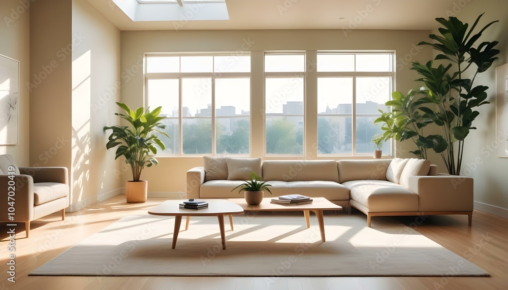 Fototapeta premium Modern room with a large sunroof, bright sunlight streaming in, sleek furniture in neutral tones, a large green indoor plant in the corner, wooden flooring, and a minimalist decor style