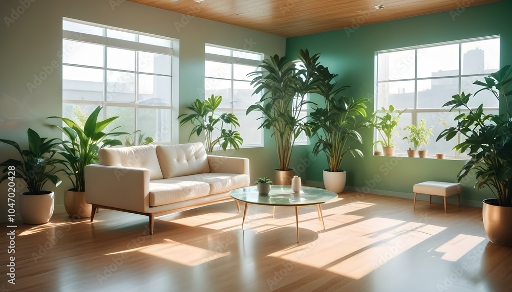 Fototapeta premium Modern room with a large sunroof, bright sunlight streaming in, sleek furniture in neutral tones, a large green indoor plant in the corner, wooden flooring, and a minimalist decor style