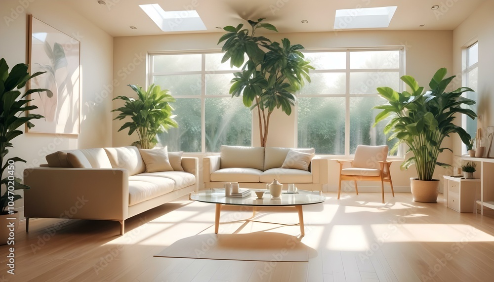 Naklejka premium Modern room with a large sunroof, bright sunlight streaming in, sleek furniture in neutral tones, a large green indoor plant in the corner, wooden flooring, and a minimalist decor style