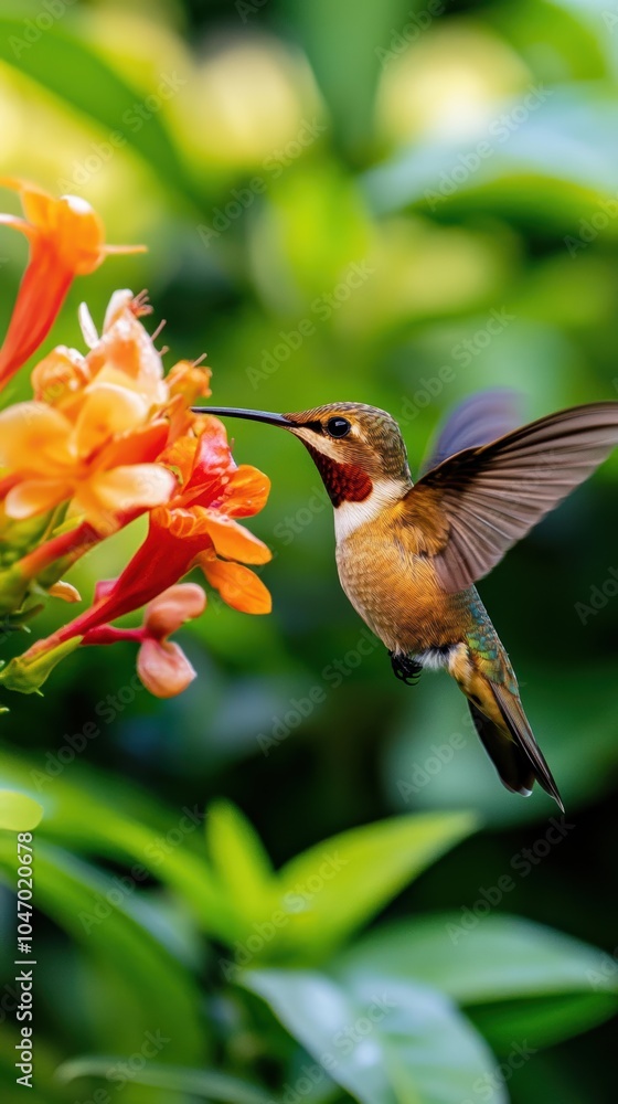 Obraz premium Hummingbird flying and drinking nectar from orange flower in tropical garden