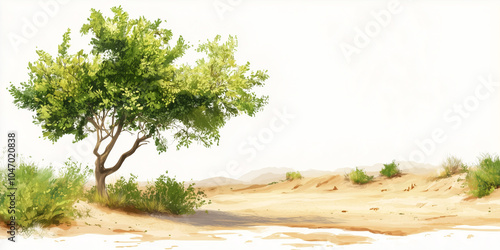 Mesquite tree providing shade in a barren landscape, illustration art