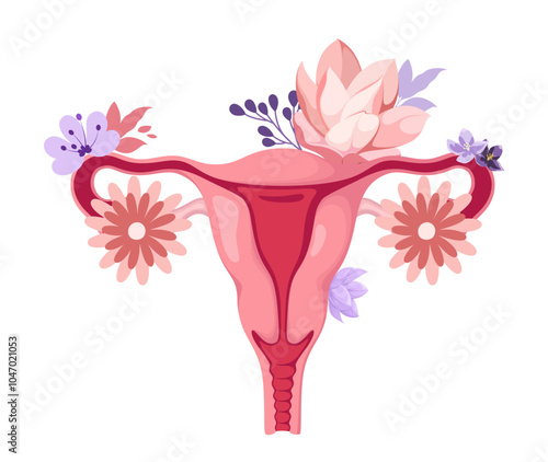 Uterus and ovaries decorated with flowers. The health of women's organs. Vector illustration.