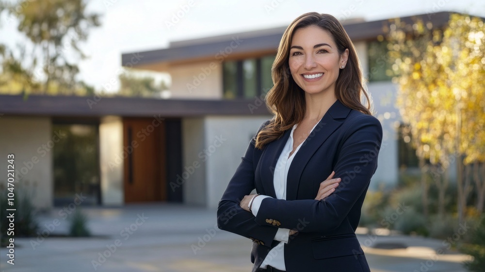 A woman in a business suit is smiling and posing for a photo in front of a house A woman in a business suit is smiling and posing for a photo in front of a house