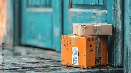 Parcel boxes left unattended on a residential porch under continuous surveillance by a security monitoring the entrance and package delivery area photo