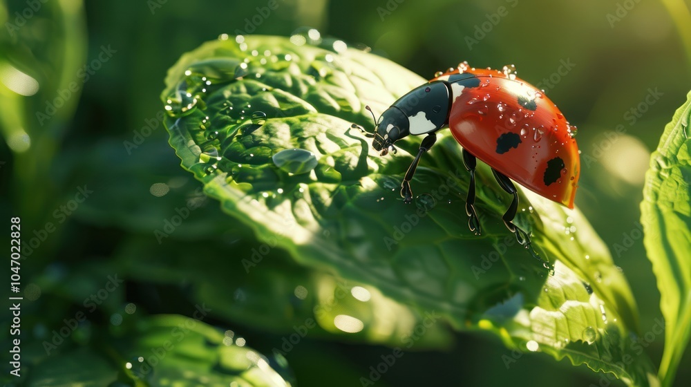 Obraz premium Ladybug on Dewy Leaf