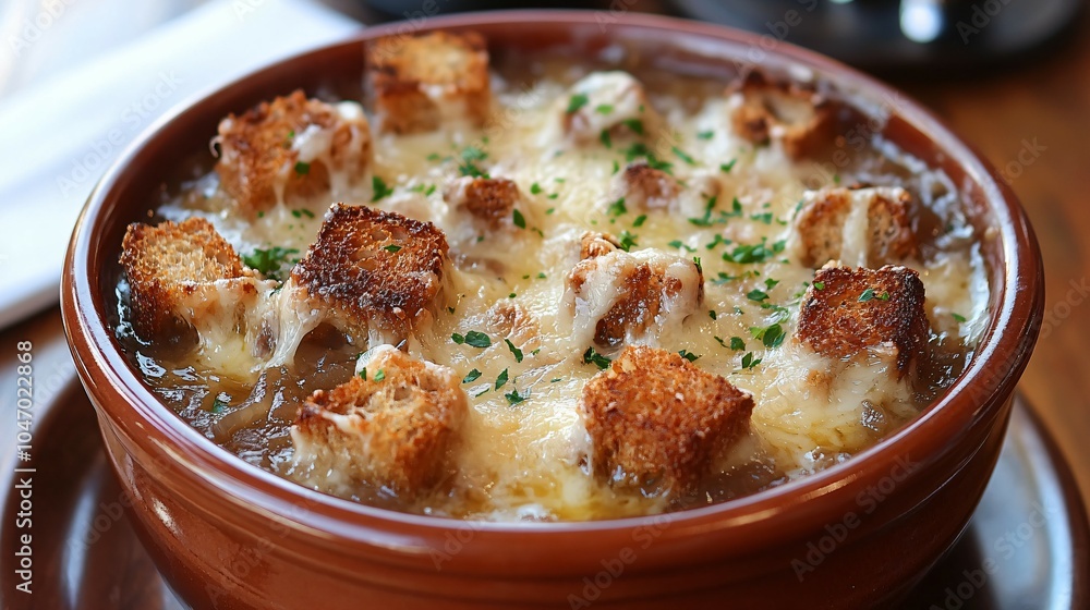 A Savory French Onion Soup. A bowl of French onion soup topped with melted cheese and crispy croutons. A Savory French Onion Soup. A bowl of French onion soup topped with melted cheese and crispy croutons.