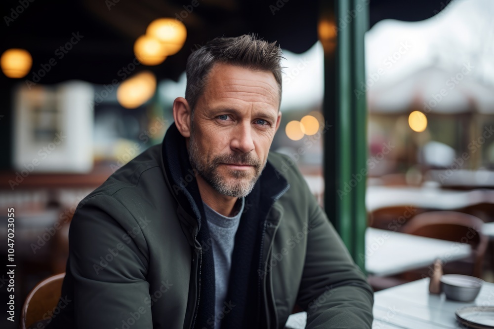 Portrait of handsome middle-aged man with beard and mustache looking at camera while sitting in outdoor cafe Portrait of handsome middle-aged man with beard and mustache looking at camera while sitting in outdoor cafe