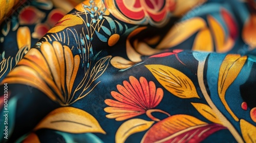 Vibrant floral fabric design with colorful leaves and blossoms for fashion and interior photo