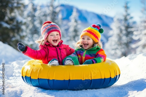 Two kids having fun in the snow, giggling as they ride a vibrant inflatable tube down a hill, painting a cheerful winter picture photo