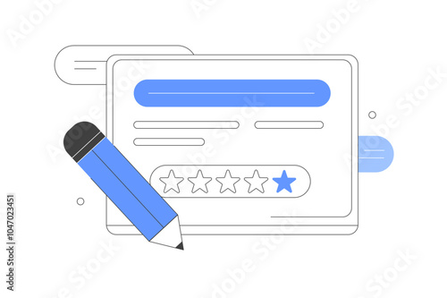 Survey form with customer review window and pencil. Online feedback, survey or review concept. Vector Illustration, icon. Stylish, Minimalist line, abstract