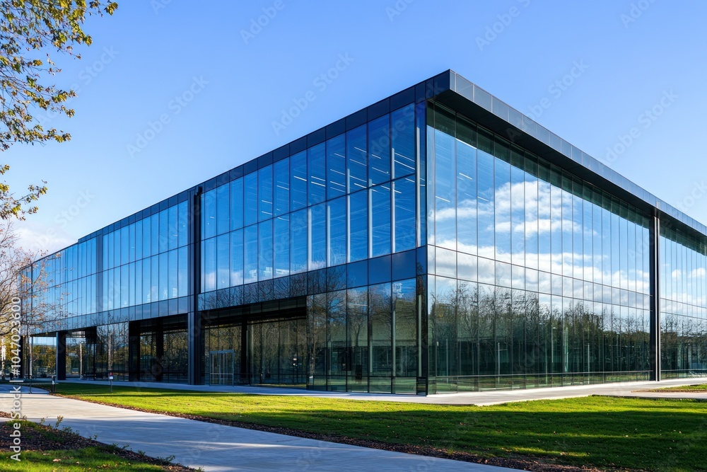 Modern Glass Building with Reflections in Blue Sky Modern Glass Building with Reflections in Blue Sky