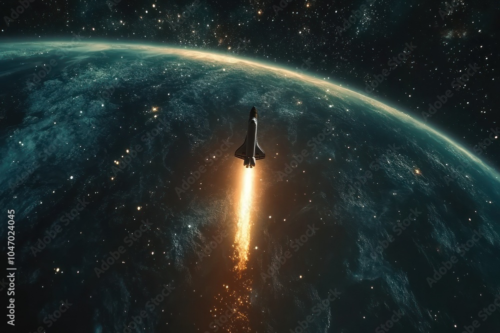 Obraz premium Rocket Launch Over Earth in Cosmic Space Scene