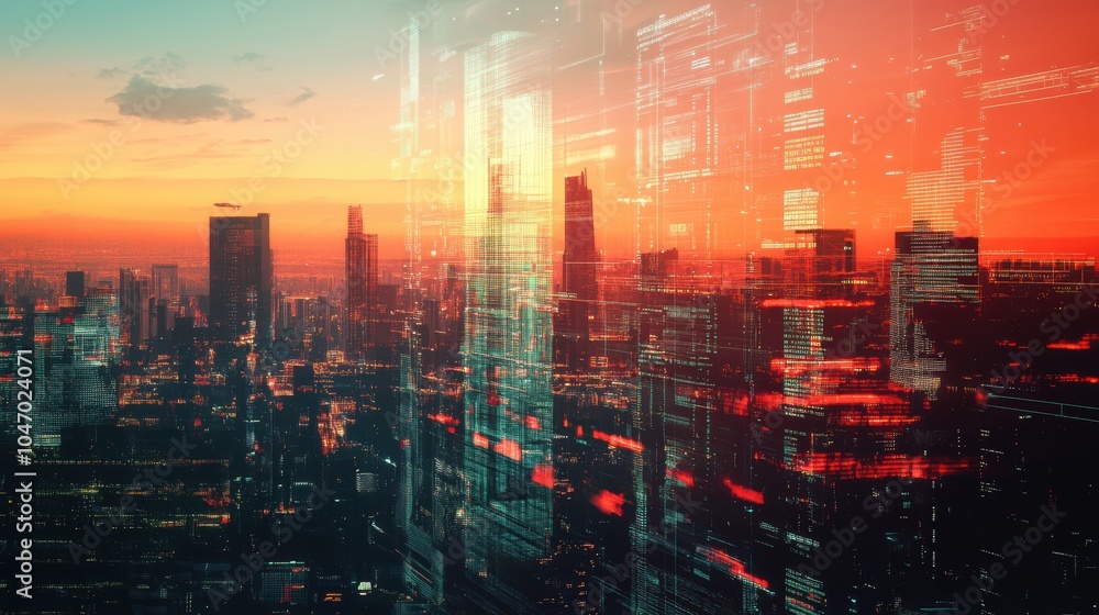 Fototapeta premium Futuristic cityscape with digital corruption effects at sunset