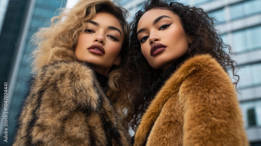 Chic fashion models in faux fur jackets against urban backdrop Chic fashion models in faux fur jackets against urban backdrop