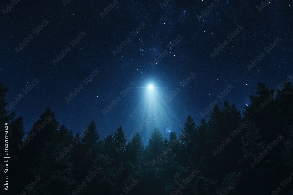 Mystical Light Over Dense Forest Under Starry Sky Mystical Light Over Dense Forest Under Starry Sky