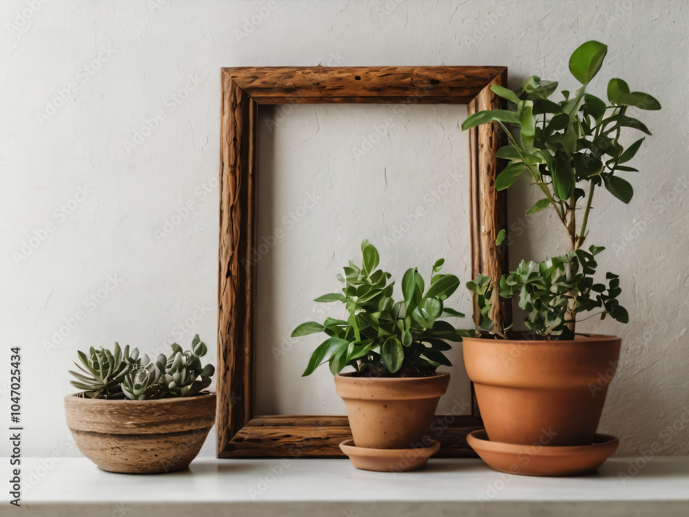 A blank wooden frame with flowers and green plants looks elegant. A blank wooden frame with flowers and green plants looks elegant.