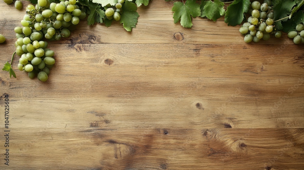 Fresh grapes and grapevine arranged on a rustic wooden surface, top view with space for text or design, ideal for organic or wine-related themes Fresh grapes and grapevine arranged on a rustic wooden surface, top view with space for text or design, ideal for organic or wine-related themes