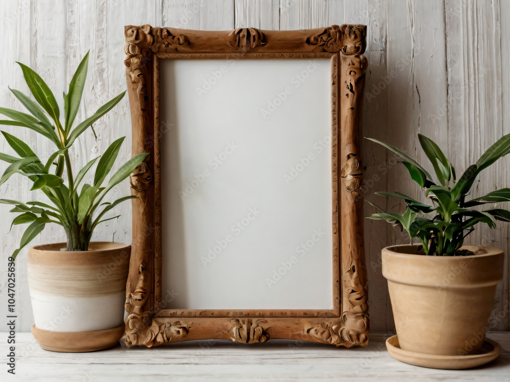 The blank wooden frame is artistically decorated with flowers and green plants. The blank wooden frame is artistically decorated with flowers and green plants.