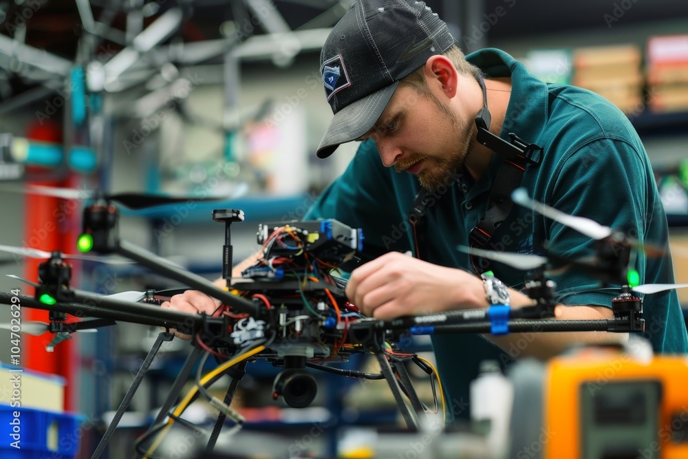 A drone mechanic carefully inspecting and repairing a commercial drone. A drone mechanic carefully inspecting and repairing a commercial drone.