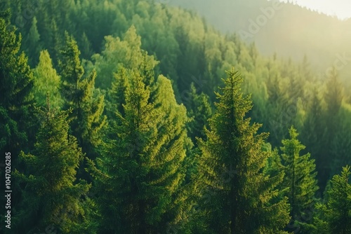 Lush Green Forest with Tall Pine Trees at Sunrise